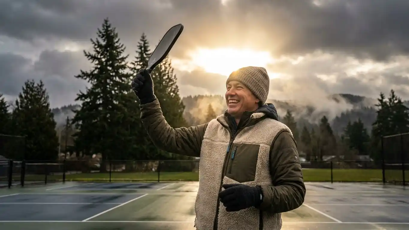 Man wearing gloves and a beanie smiling and holding a pickleball paddle on an outdoor court at sunrise